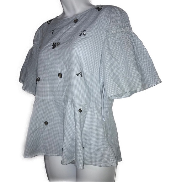 H&M Gingham Sequin Beaded Peplum Top 10 Blue - Picture 3 of 5